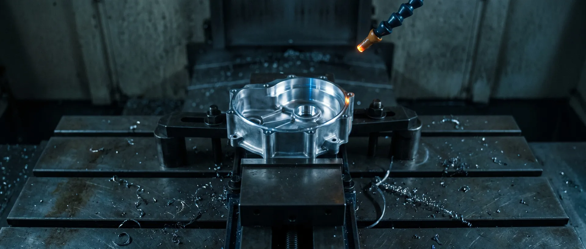 Overhead three-quarter view of a die-cast aluminum housing clamped in a precision machine vise on a machining center table, freshly faced da