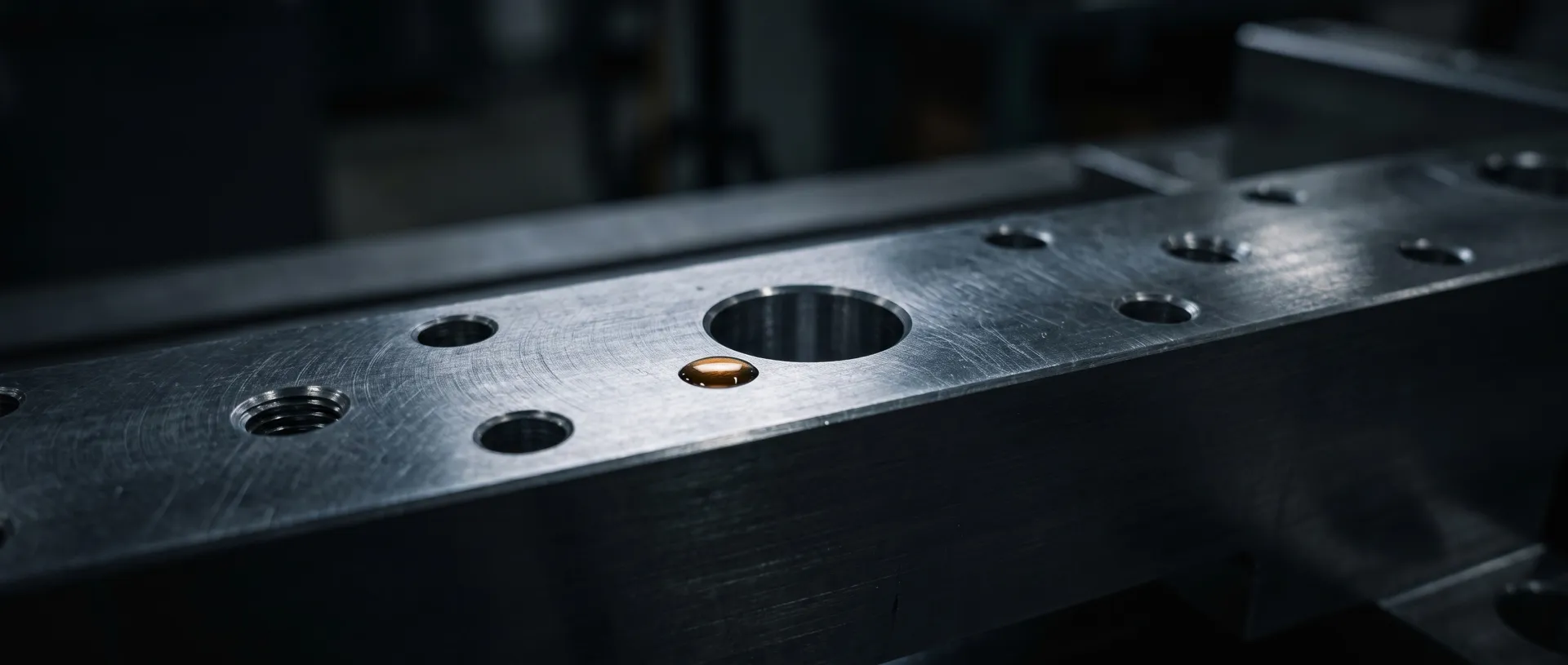 Extreme macro of a precision-bored hole and several tapped holes in machined aluminum, raking light revealing fine tool marks