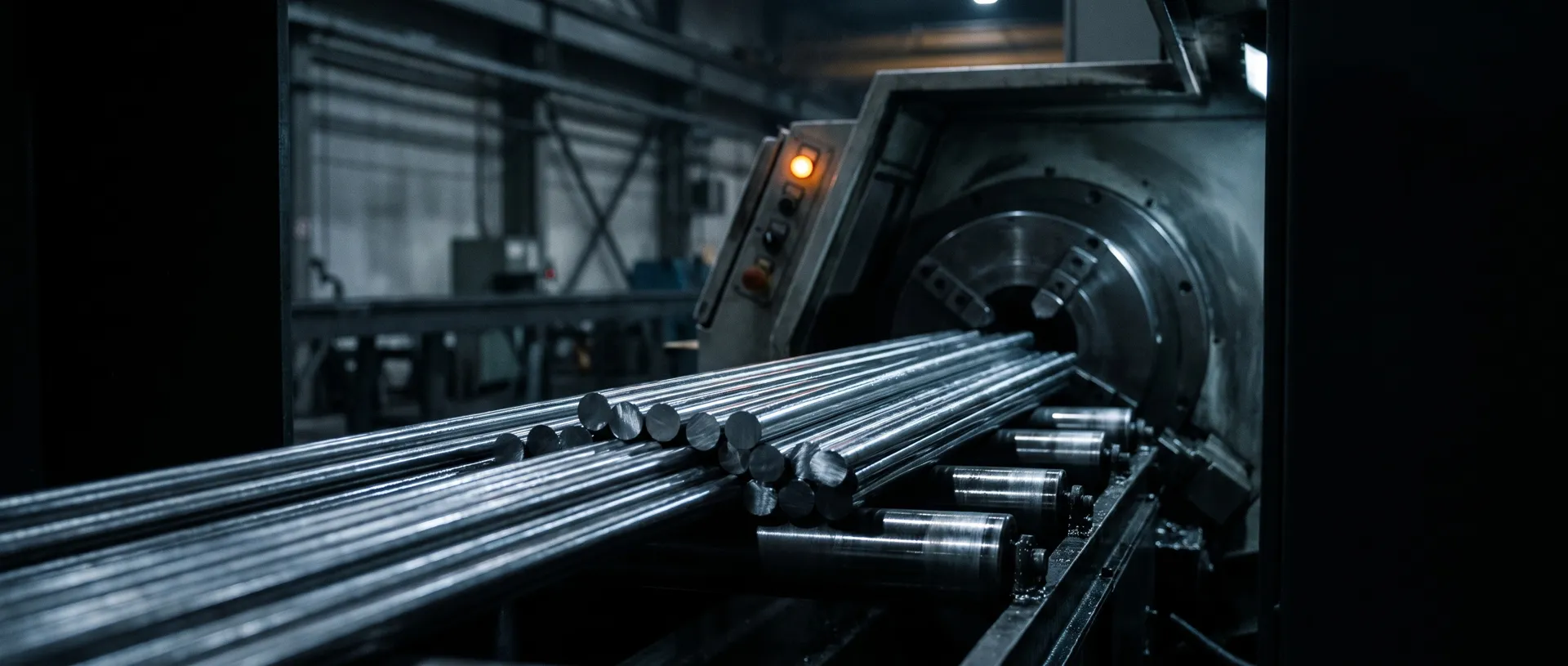 Bundles of bright cold-drawn steel bar stock feeding into the spindle of a CNC lathe, oil sheen on the bars, raking side light