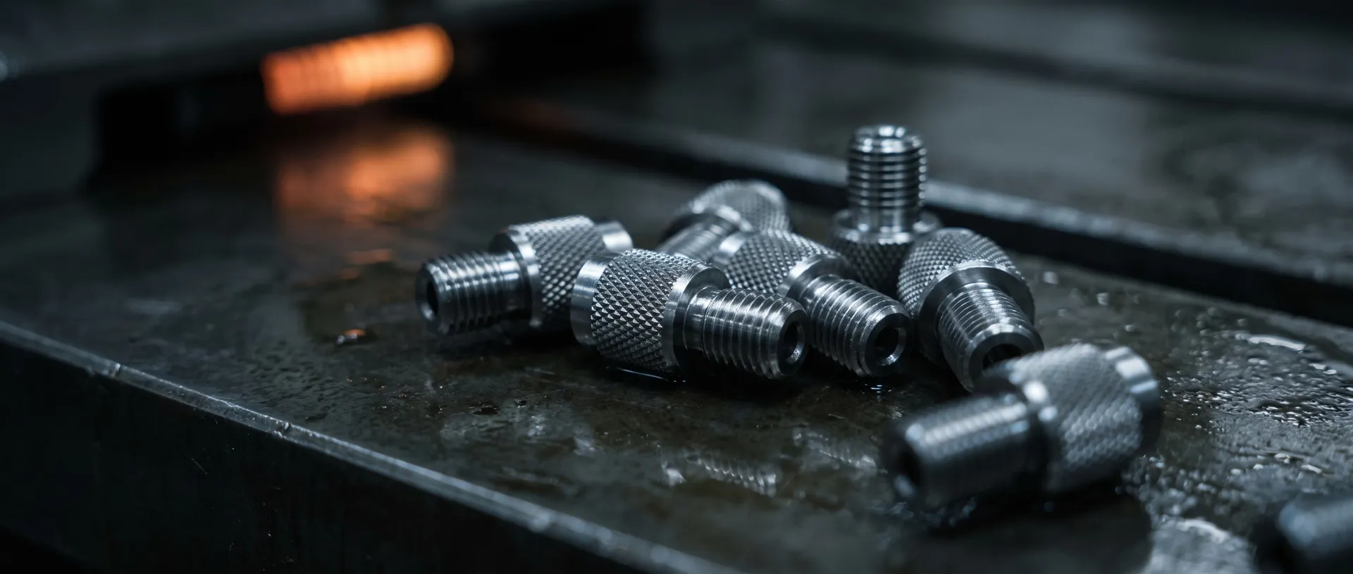 Macro of small CNC-turned steel parts with knurled grips and external threads lying on a dark oiled steel plate