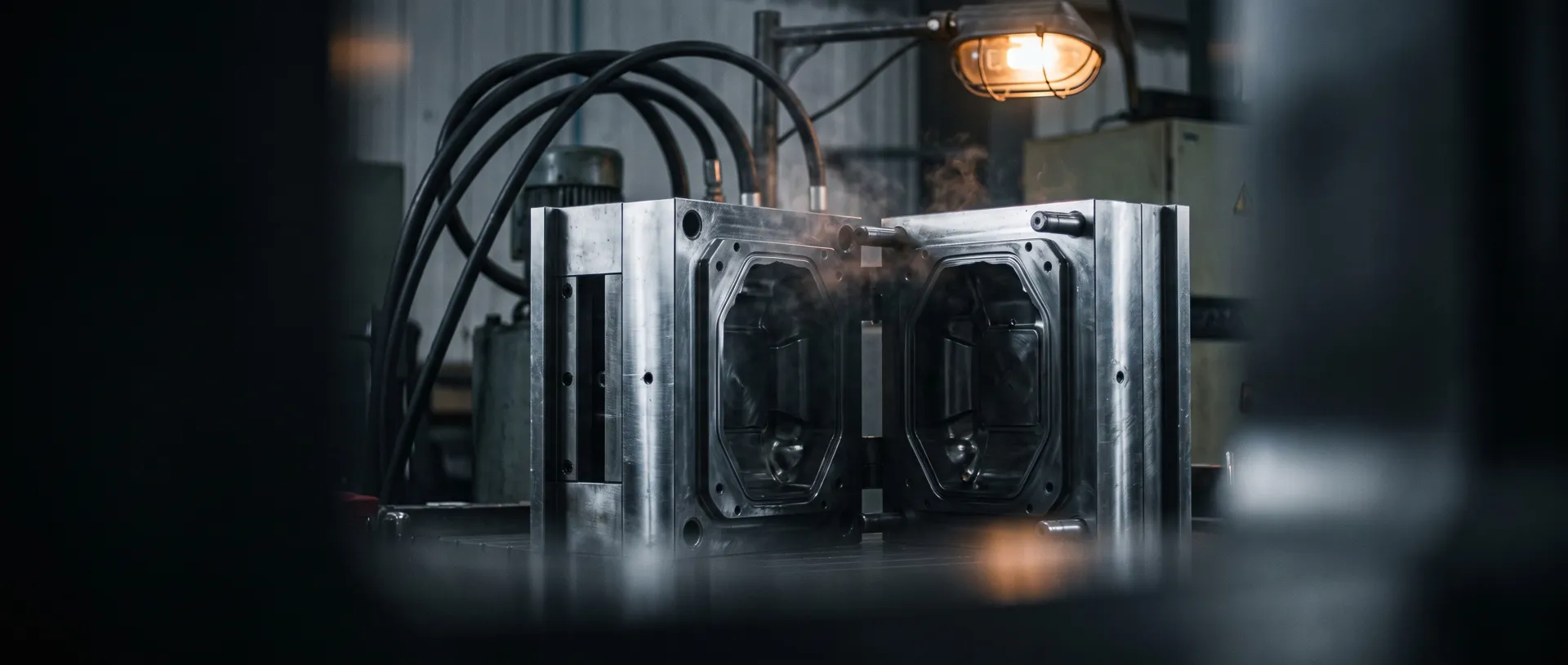Open die-casting tool: two massive polished tool-steel mold halves, the cavity visible, faint heat haze, hydraulic lines in the dark backgro