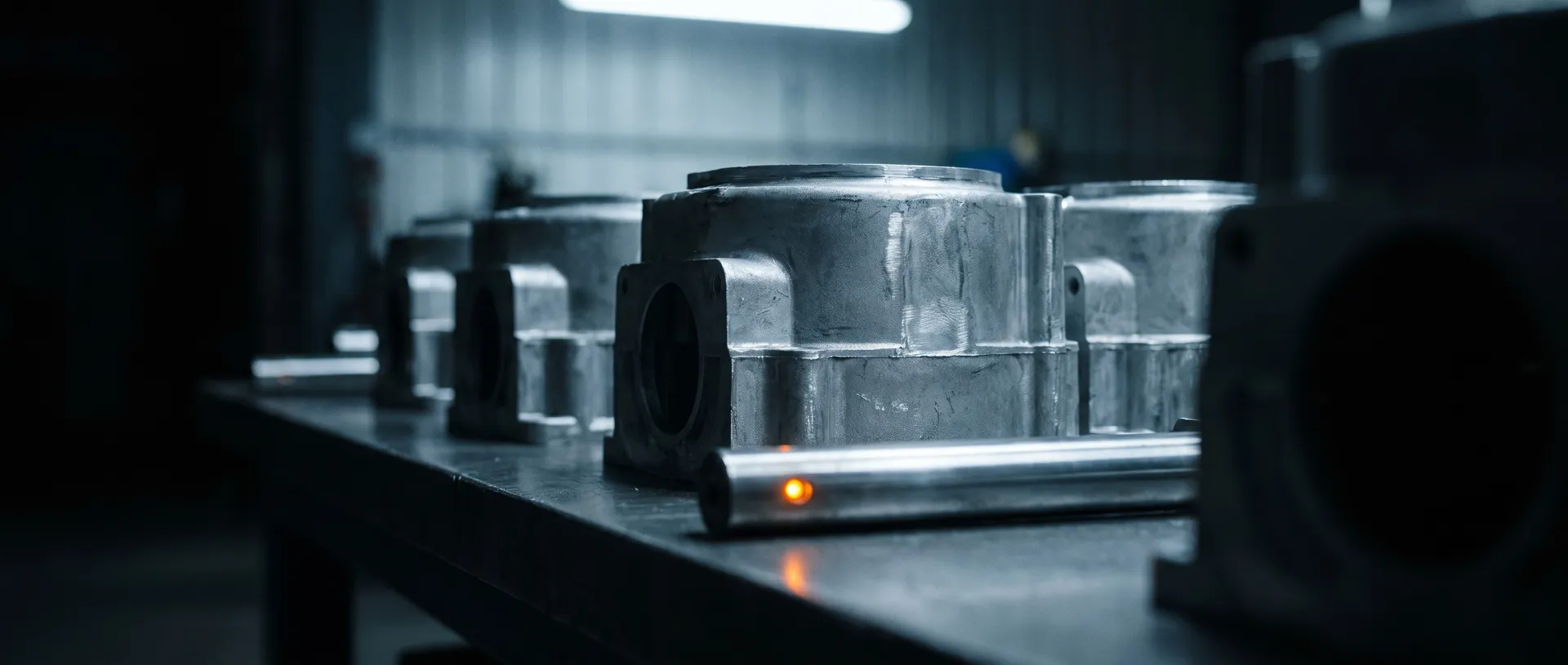A row of freshly trimmed raw die-cast aluminum housings on a steel workbench, dull silver as-cast skin, soft top light