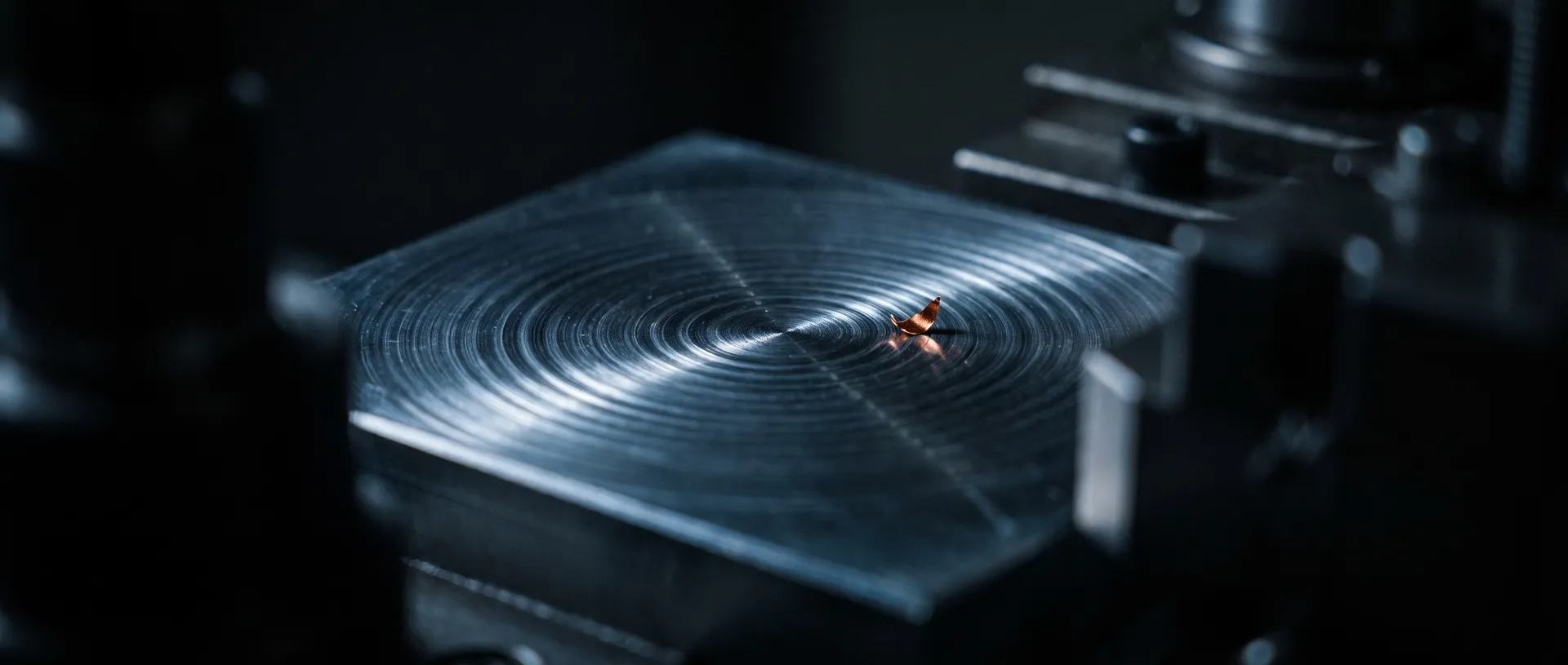 Abstract extreme macro of a freshly face-milled aluminum surface with concentric tool marks catching the light, calm and minimal