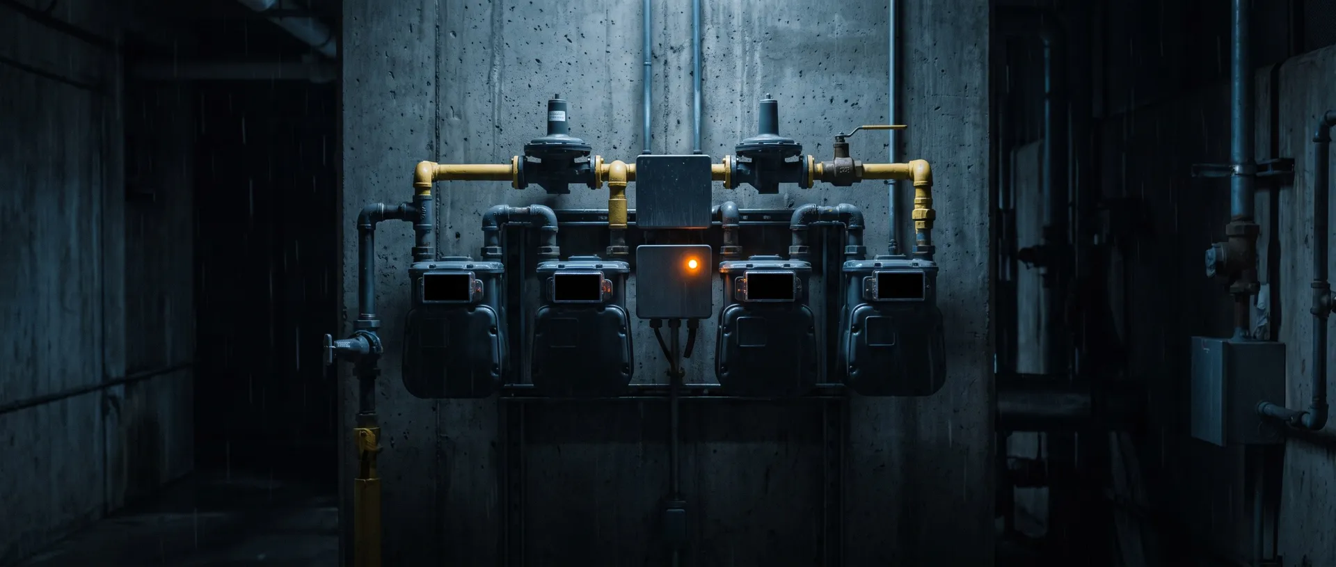 A bank of industrial gas meters and pressure regulators with yellow gas pipework on a utility wall
