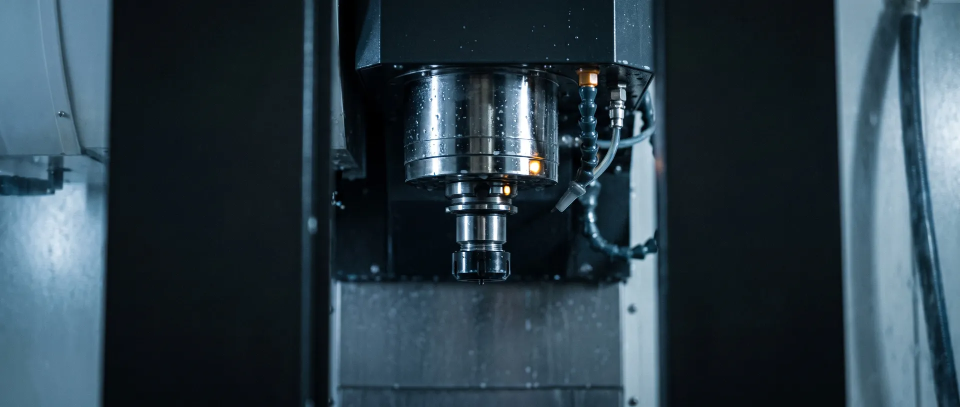 Close-up of a machining center spindle nose and tool holder inside the machine enclosure, coolant droplets, dark