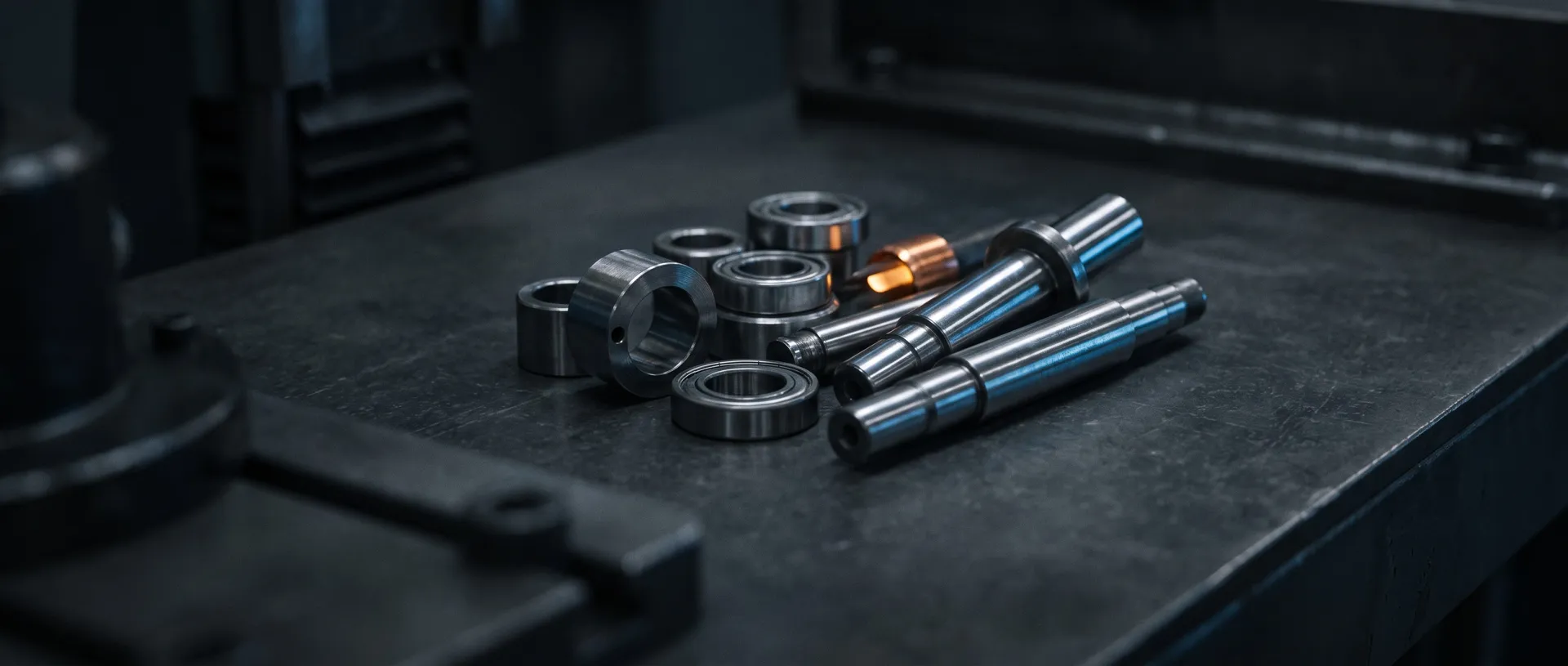 Precision-turned eccentric bushings, bearing races and shafts arranged in a loose group on dark steel, macro