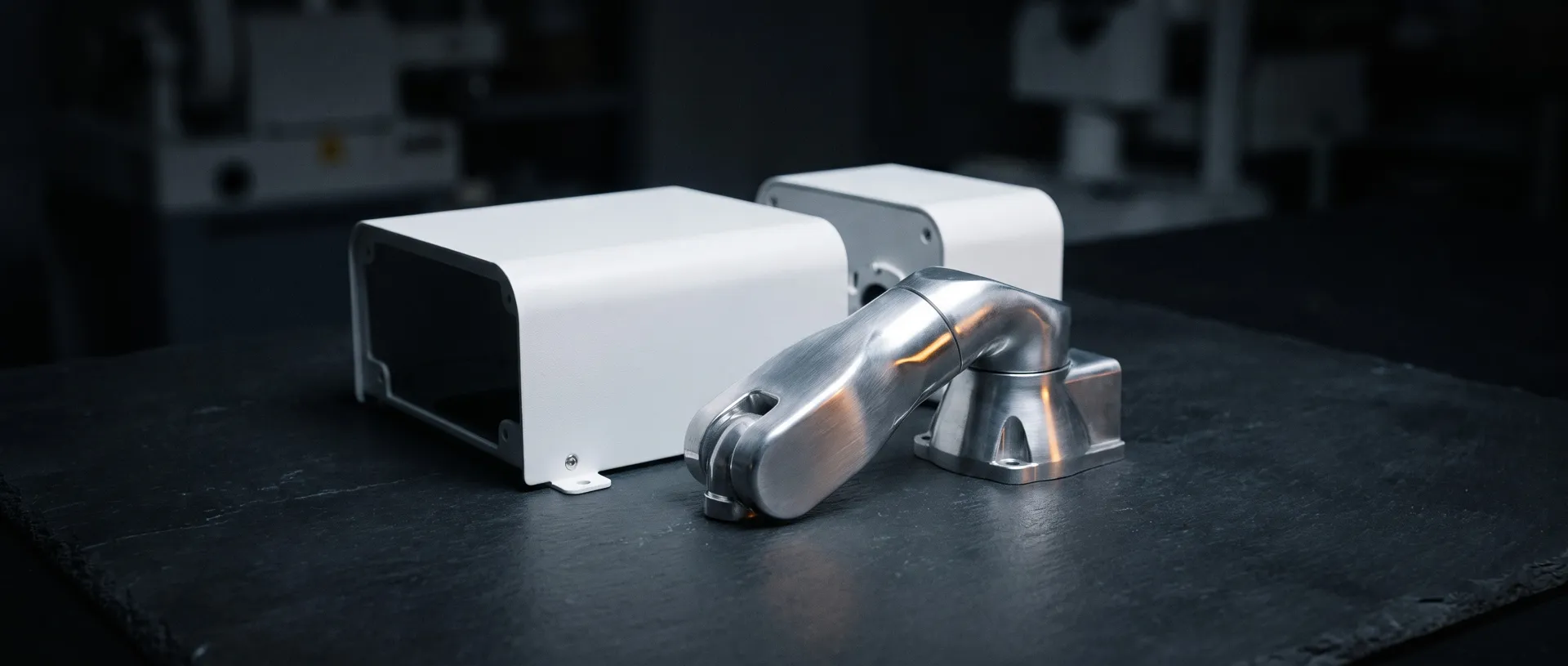 White powder-coated equipment housings and a polished die-cast arm joint on dark slate