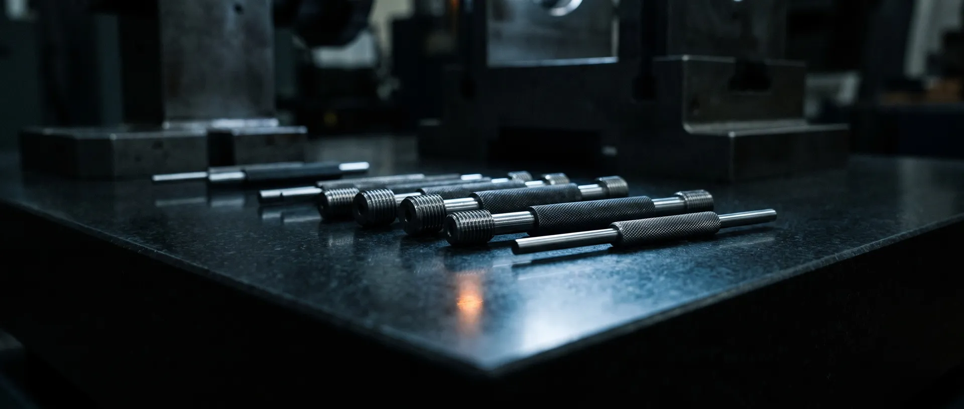 Go/no-go thread plug gauges and pin gauges on a granite surface plate