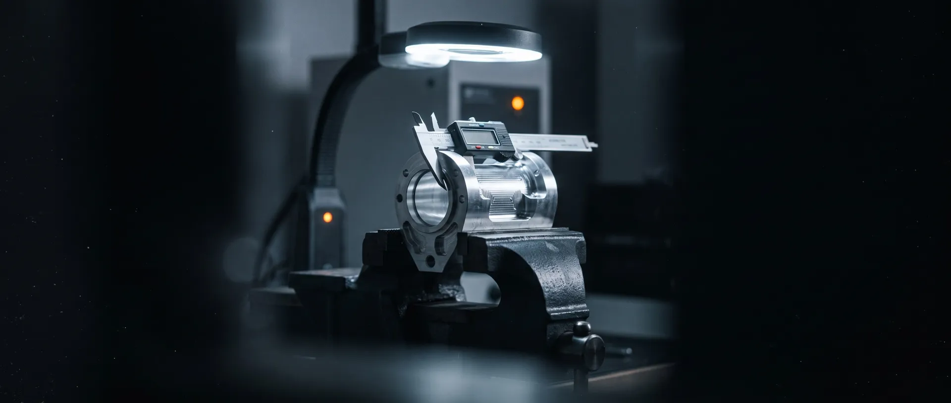 A machined aluminum part in a bench vise under an inspection lamp, a caliper on its bore