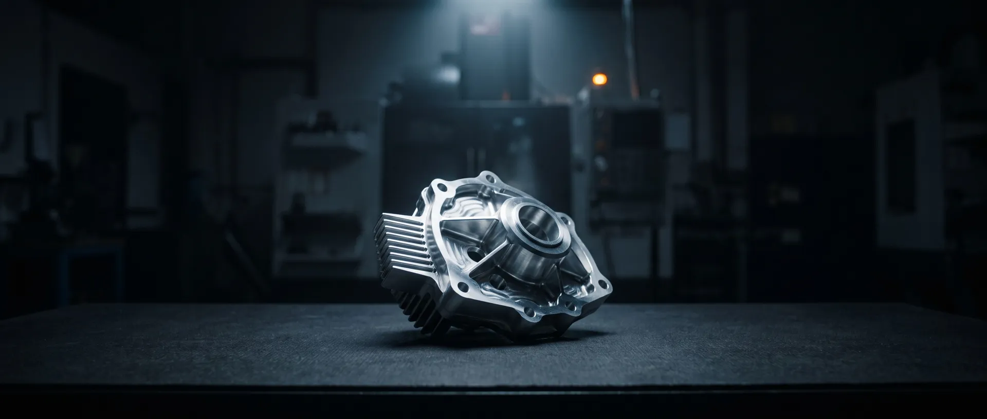 A single precision-machined aluminum part on a dark surface under one dramatic light, lots of calm dark space around it