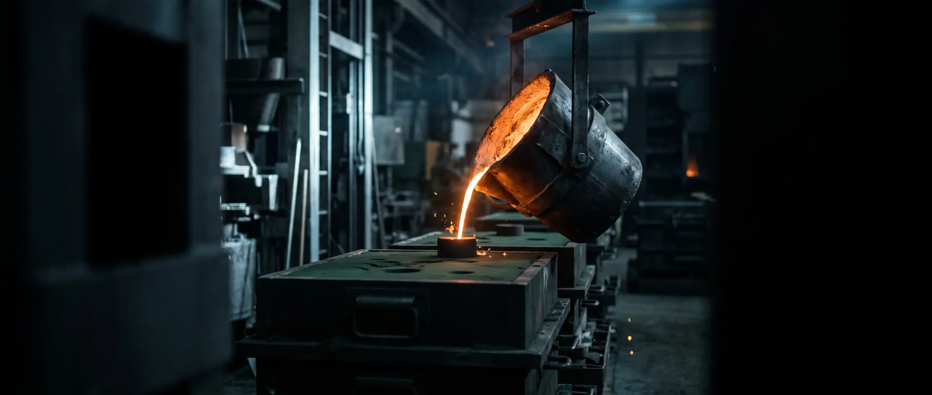 Molten brass being poured from a glowing ladle into a green-sand mold box, orange glow and sparks, dark foundry