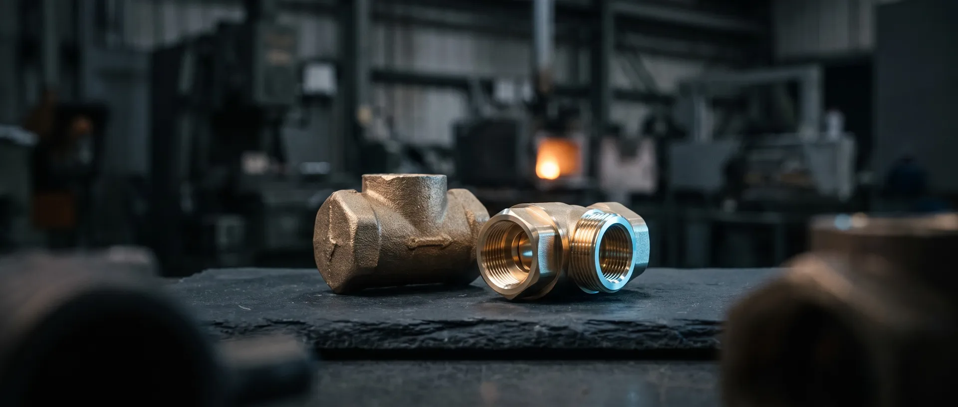 Two brass valve bodies side by side on dark slate: one rough as-cast with sand texture, one machined with bright threaded ports