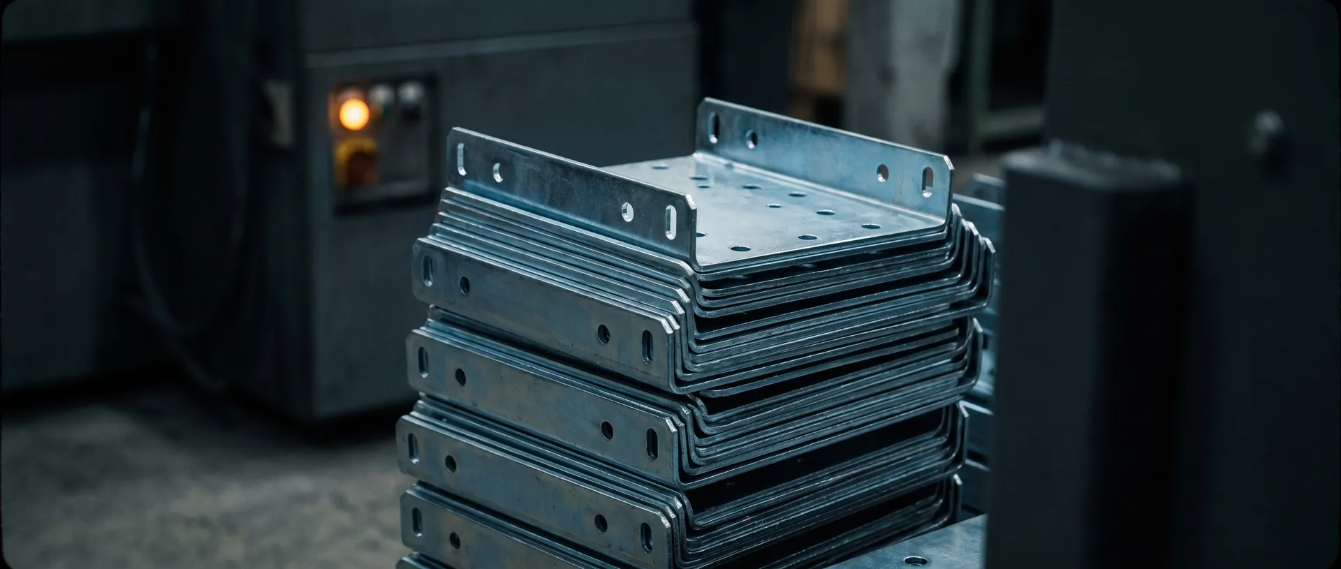 A neat stack of stamped zinc-plated steel brackets with formed flanges and pierced holes, bluish zinc sheen, dark background
