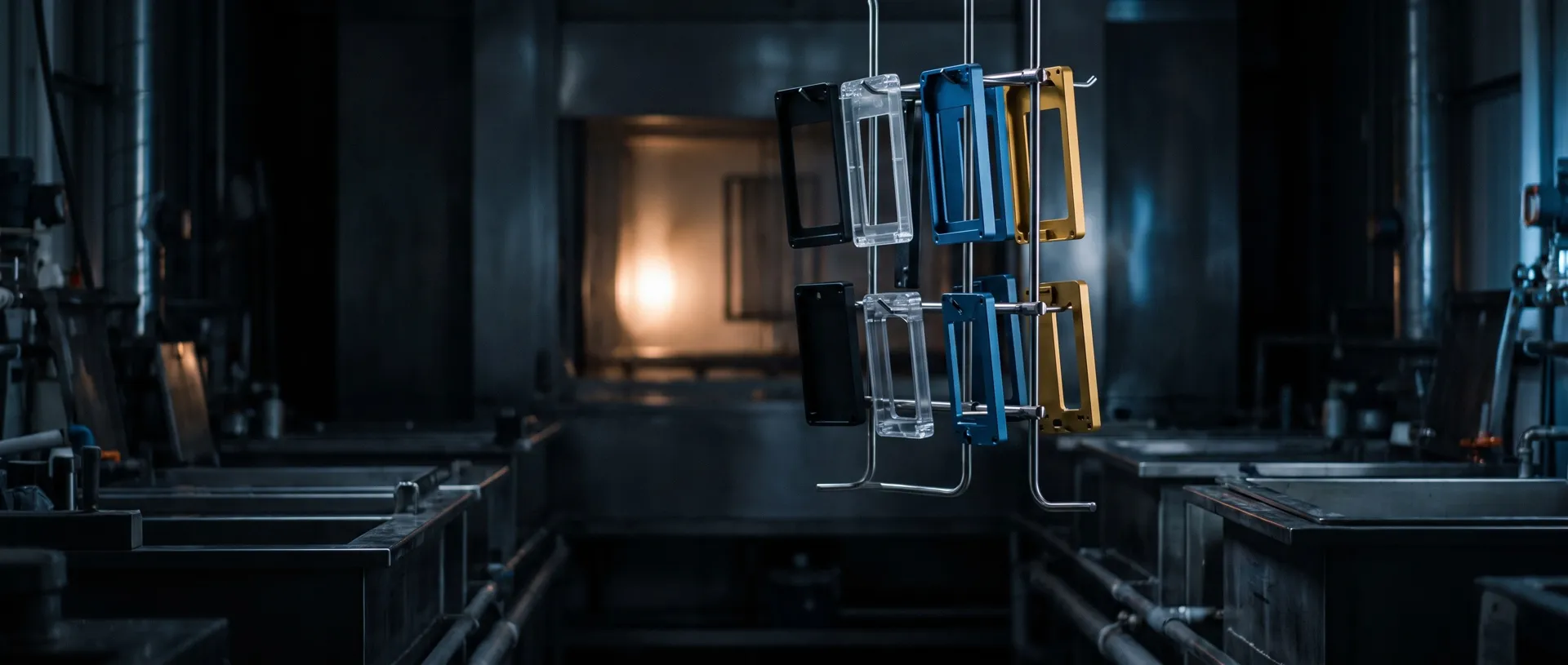 Anodized aluminum parts in black, clear, blue and gold hanging on titanium plating racks, dark finishing room, soft glow