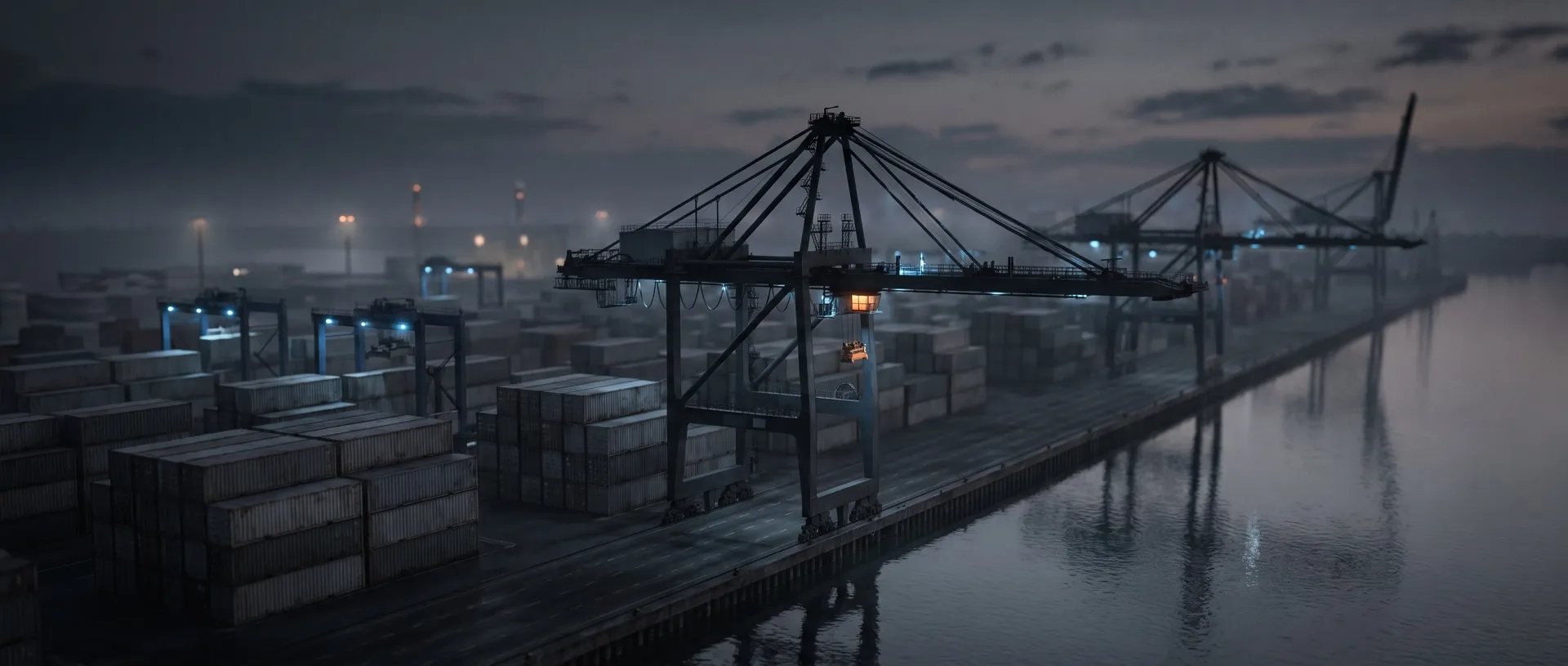 A container port at dusk with gantry cranes and stacked containers