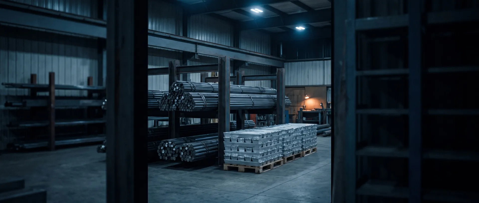 Bundles of steel bar stock and stacked aluminum ingots in a raw-material warehouse