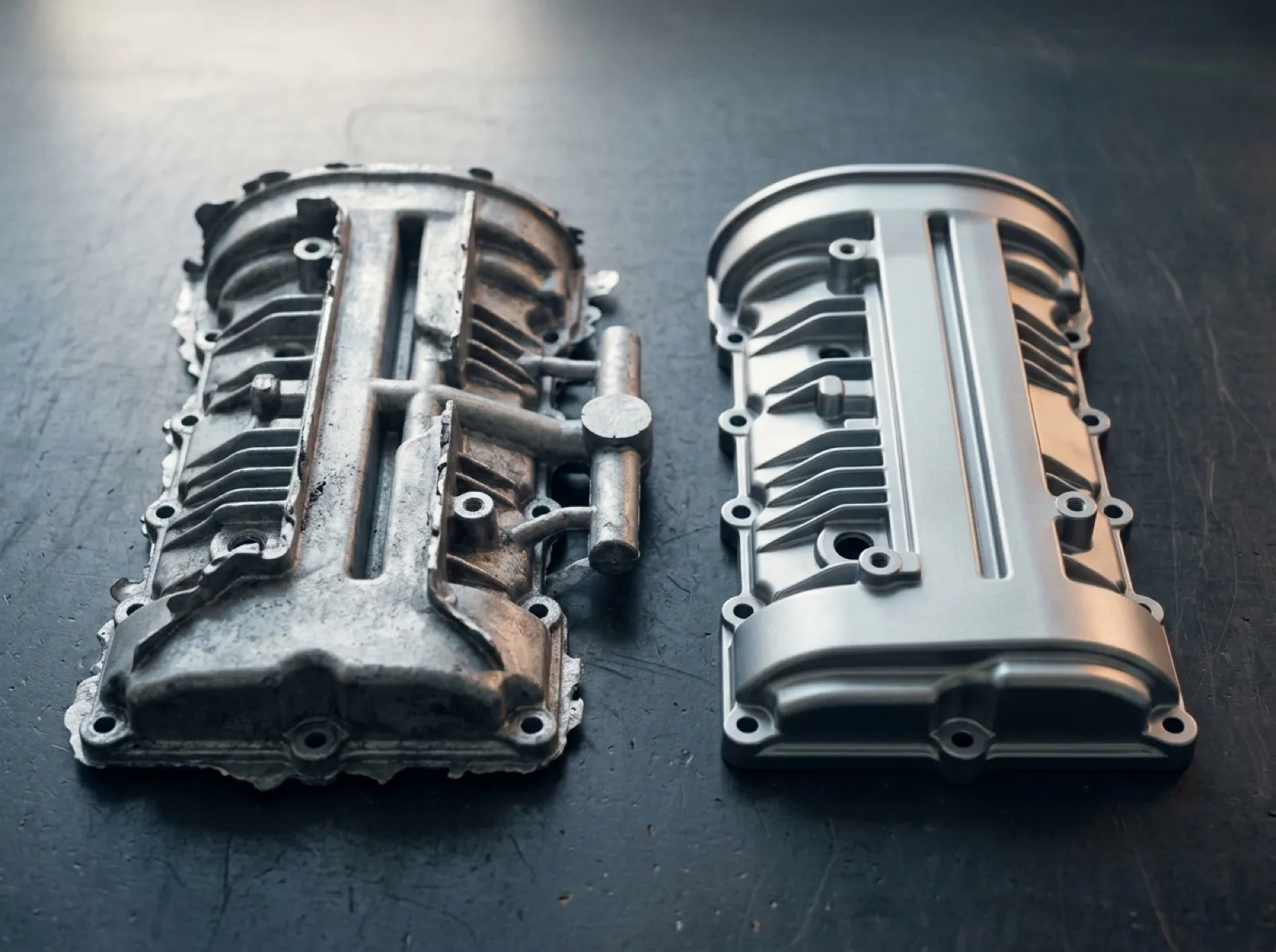 Two zinc die-cast covers: one straight off the tool with gate and flash attached, one trimmed and deburred