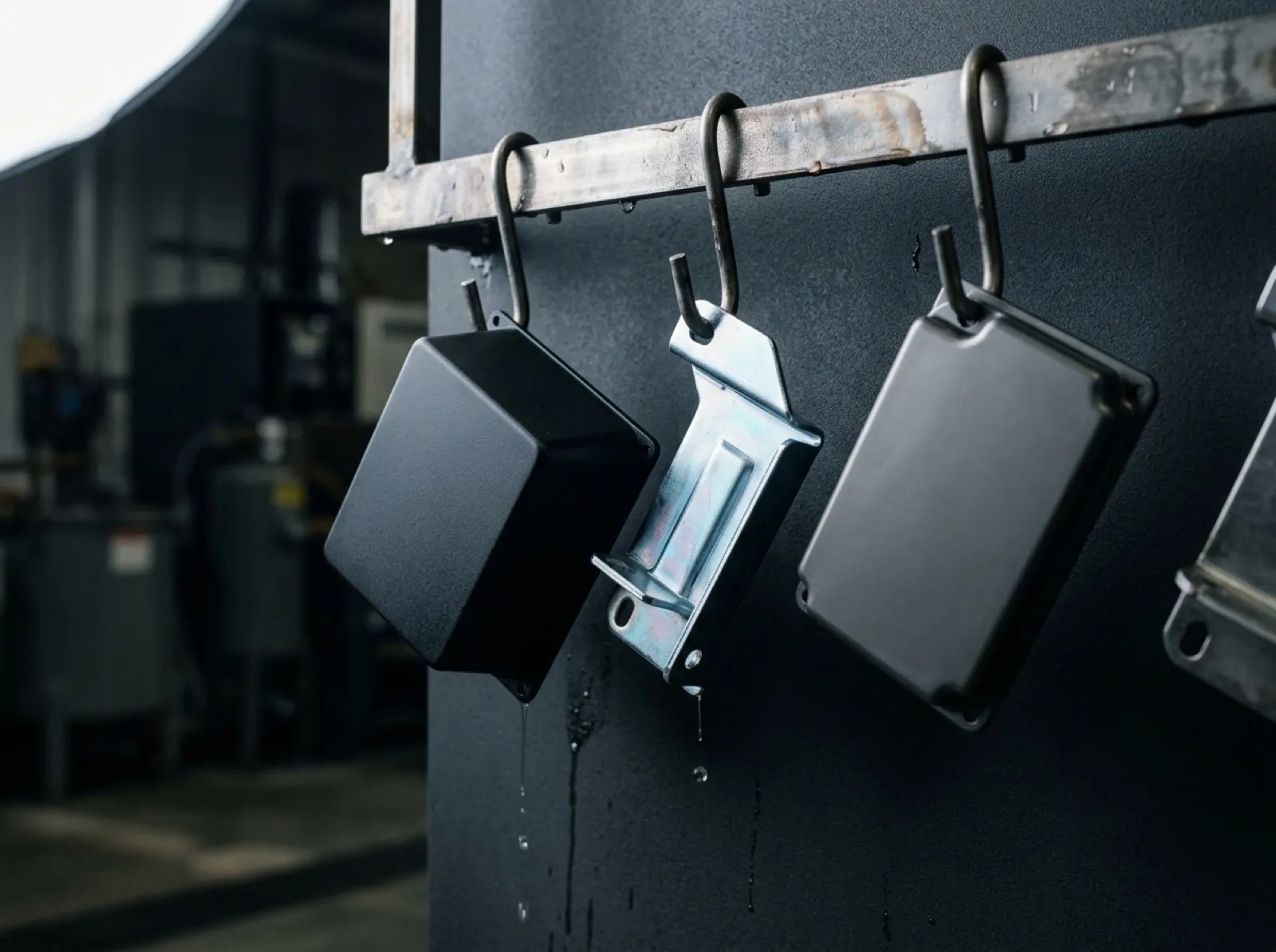 A finishing rack holding a powder-coated housing, a zinc-plated bracket and a dark cover