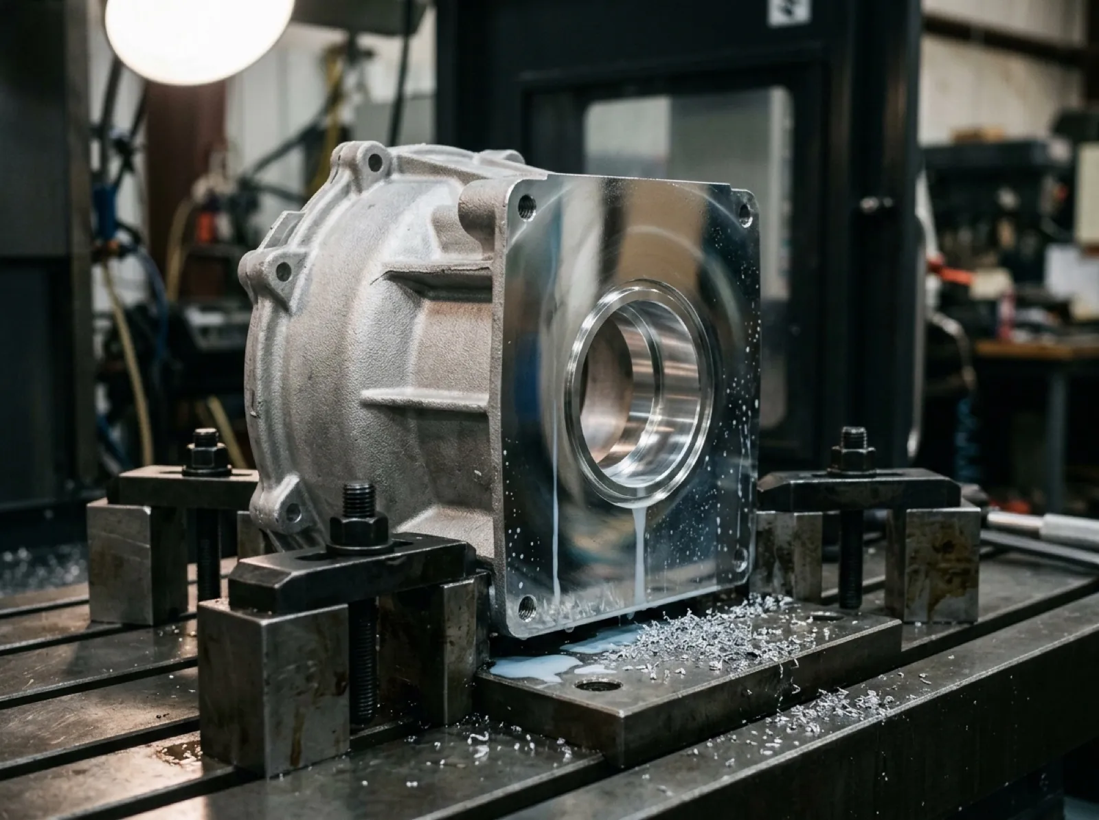 A die-cast housing clamped in a fixture, one face and bore freshly machined against the as-cast texture