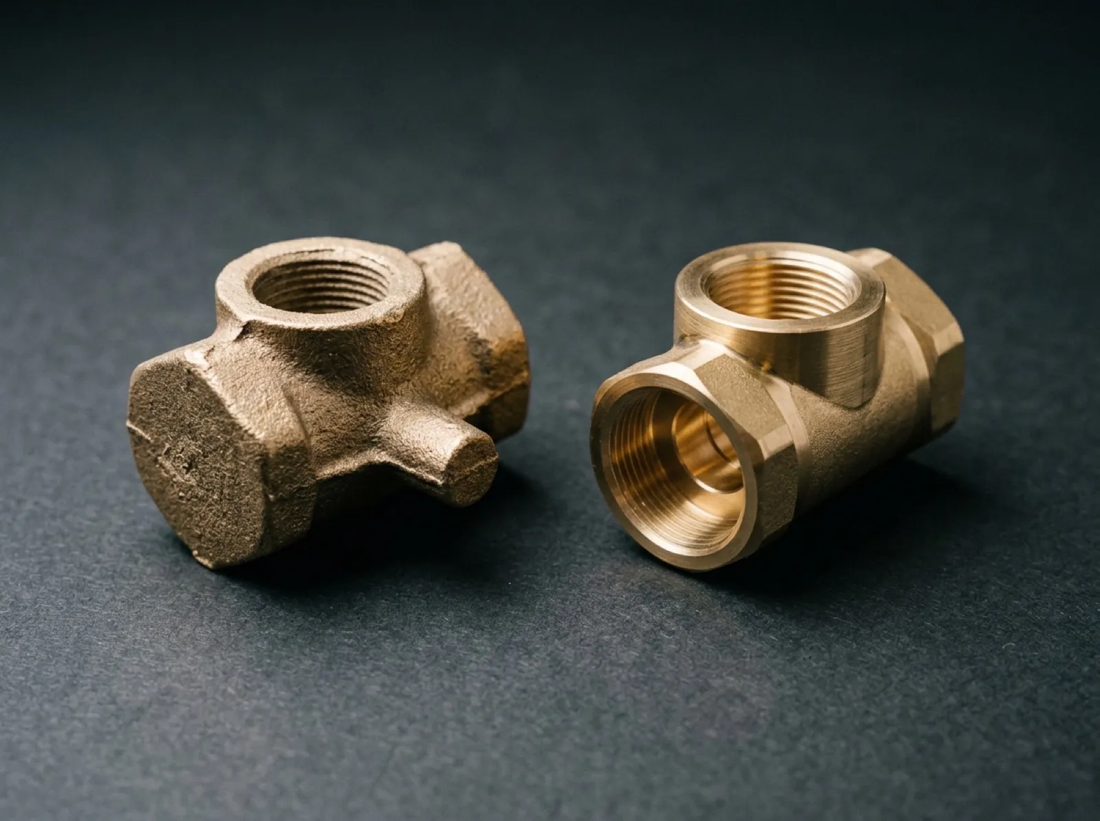 Two brass valve bodies: one a rough sand casting, one machined with finished threaded ports