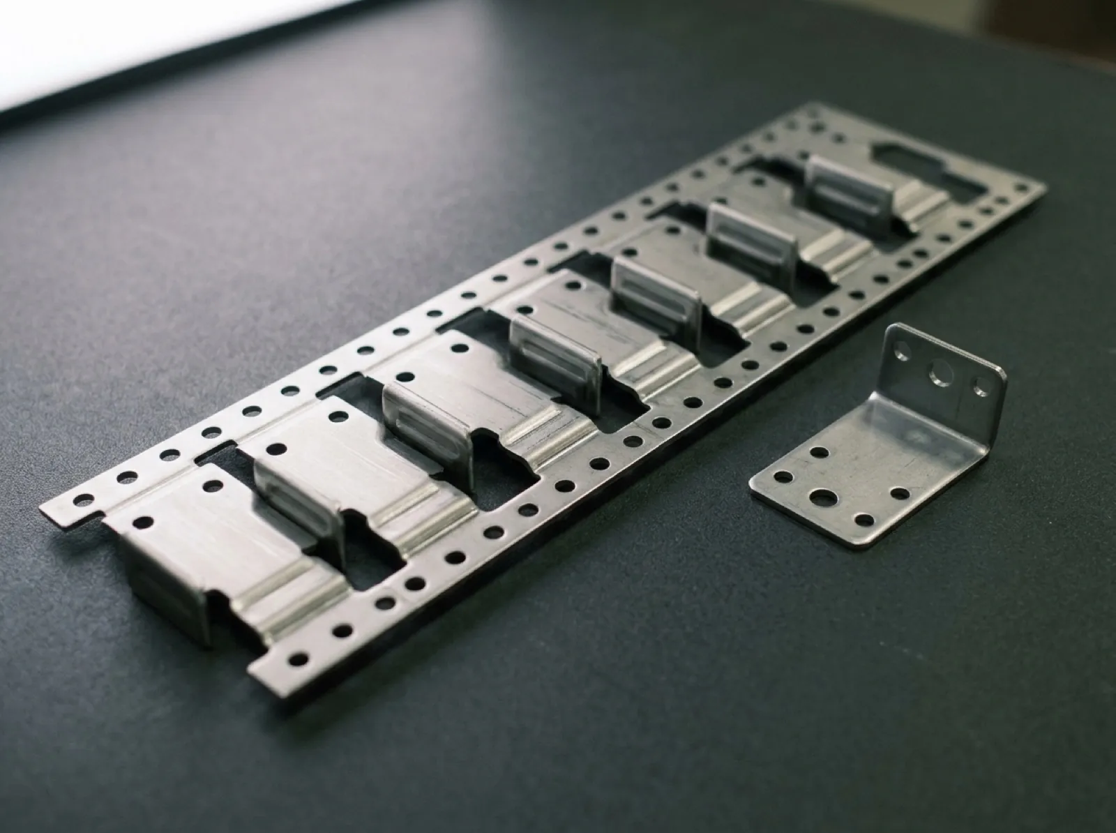 A strip of stamped brackets on the carrier web beside one finished, separated bracket
