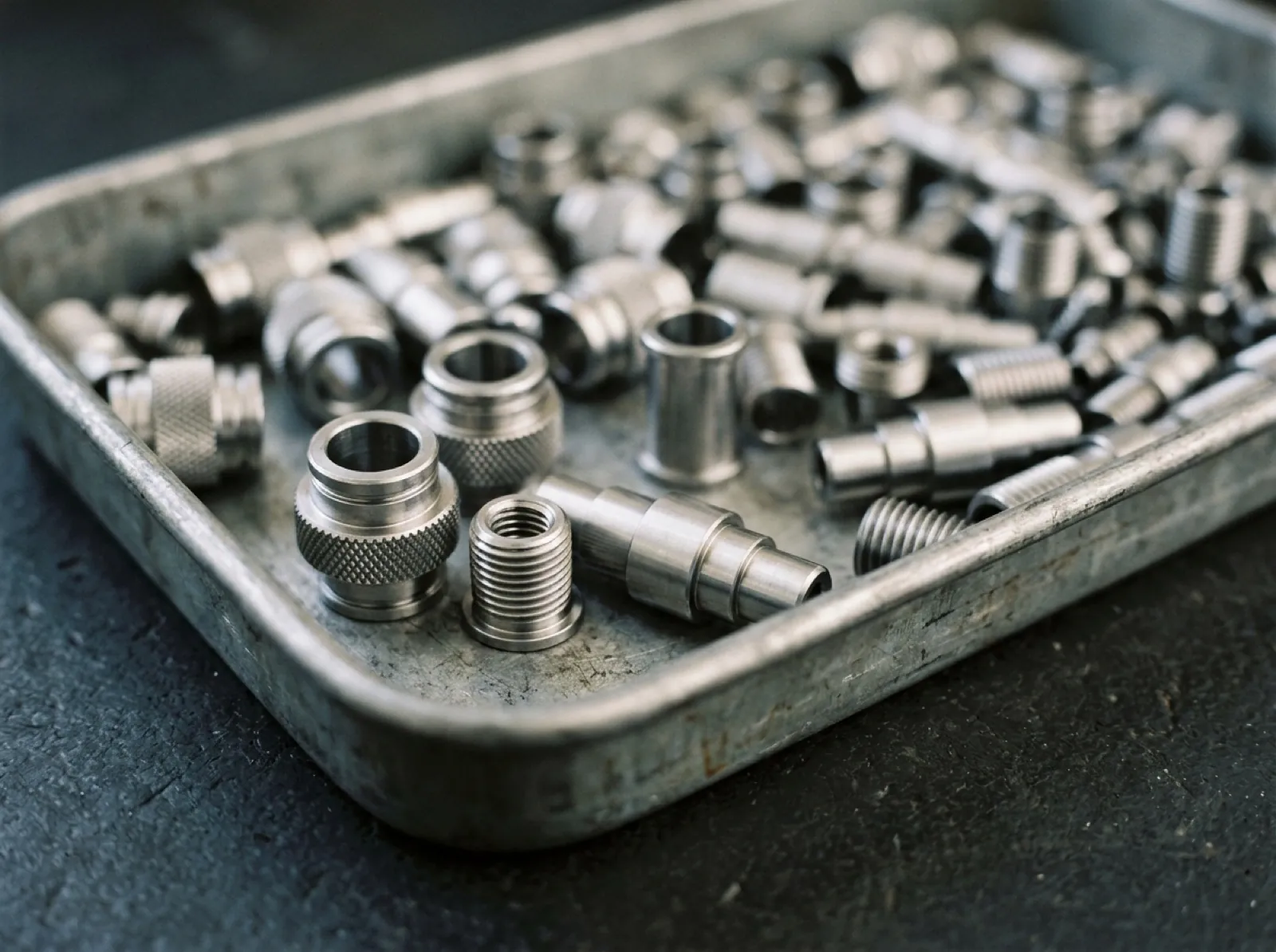 A production lot of turned steel bushings, stepped shafts and threaded inserts in a parts tray